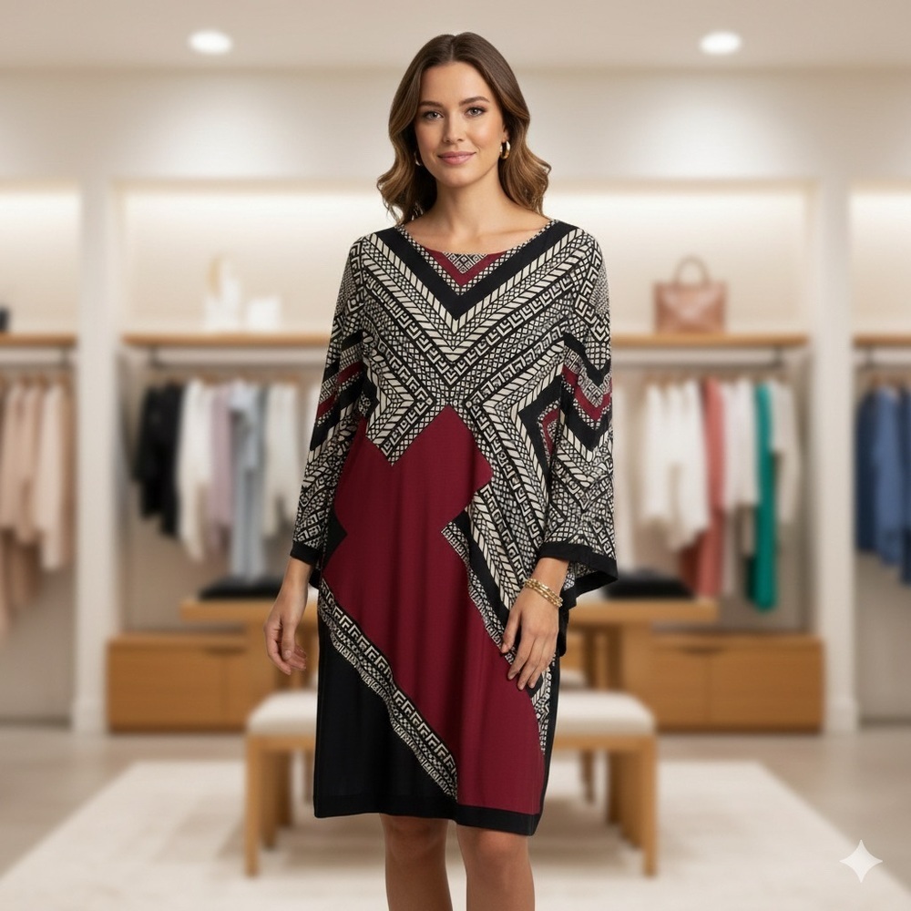 Emma & Michele Black and Burgundy Patterned Dress